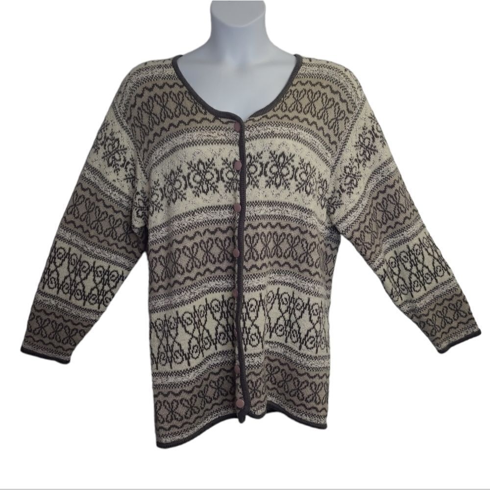 VINTAGE 90s‎ gray and white button up fair isle cardigan sweater volup 3X